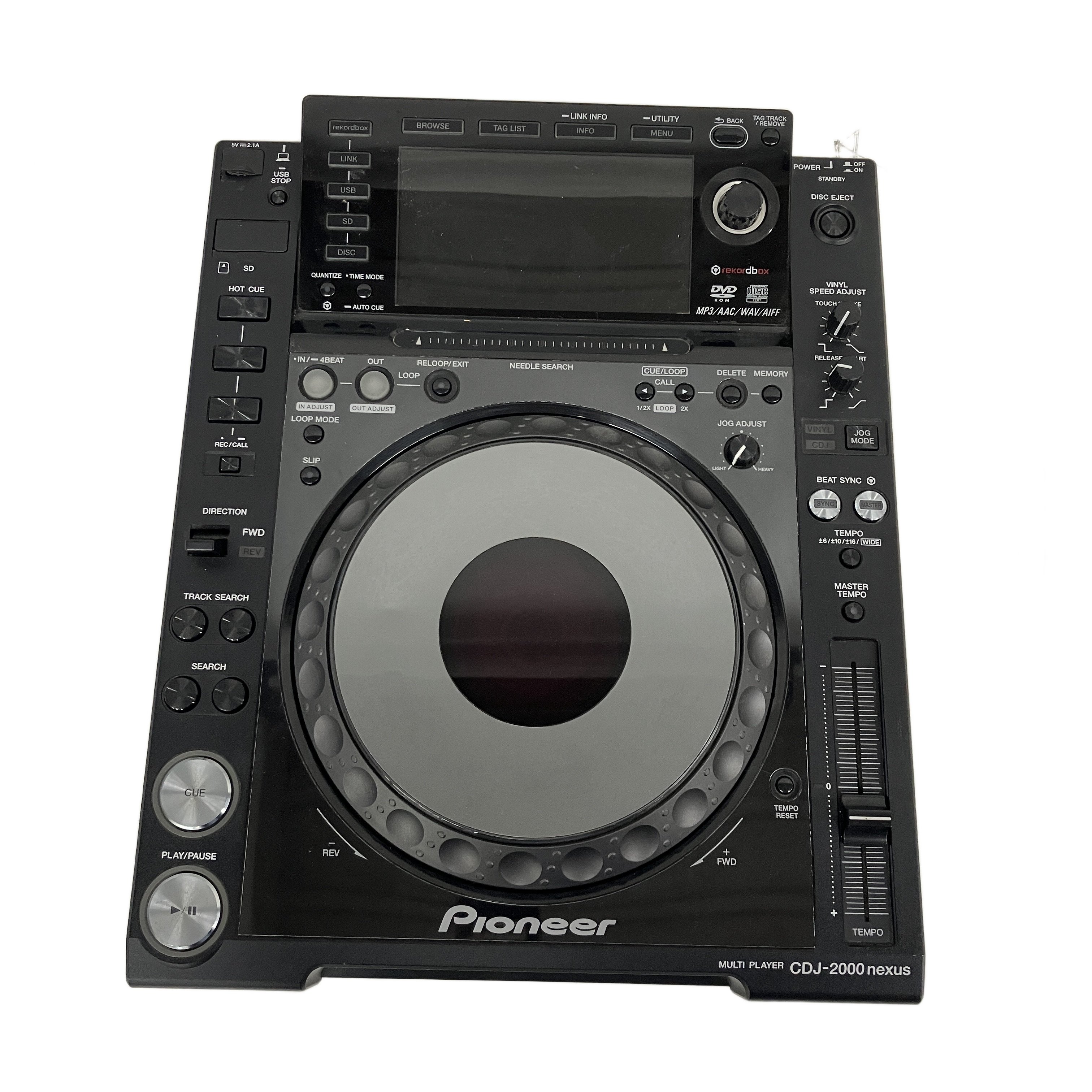 Pioneer DJ製のCDJ-2000NXSは、USBストレージデバイス、SDカード、Dに対応したDJマルチプレーヤーです。206mmの感圧式ジョグホイールを搭載し、ブラックのカラーリングが特徴です。