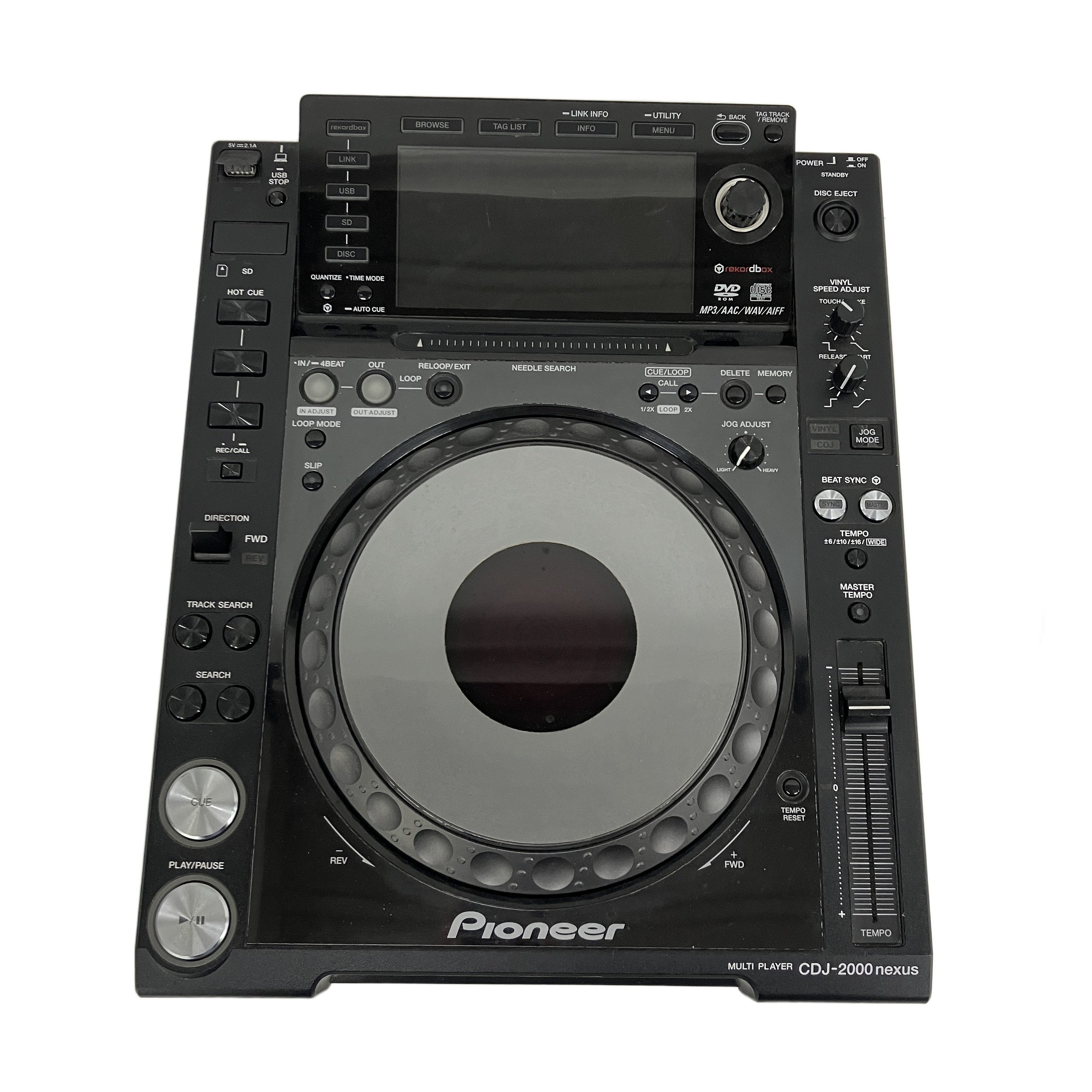 Pioneer DJ製のCDJ-2000NXSは、USBストレージデバイス、SDカード、Dに対応したDJマルチプレーヤーです。206mmの感圧式ジョグホイールを搭載し、ブラックのカラーリングが特徴です。