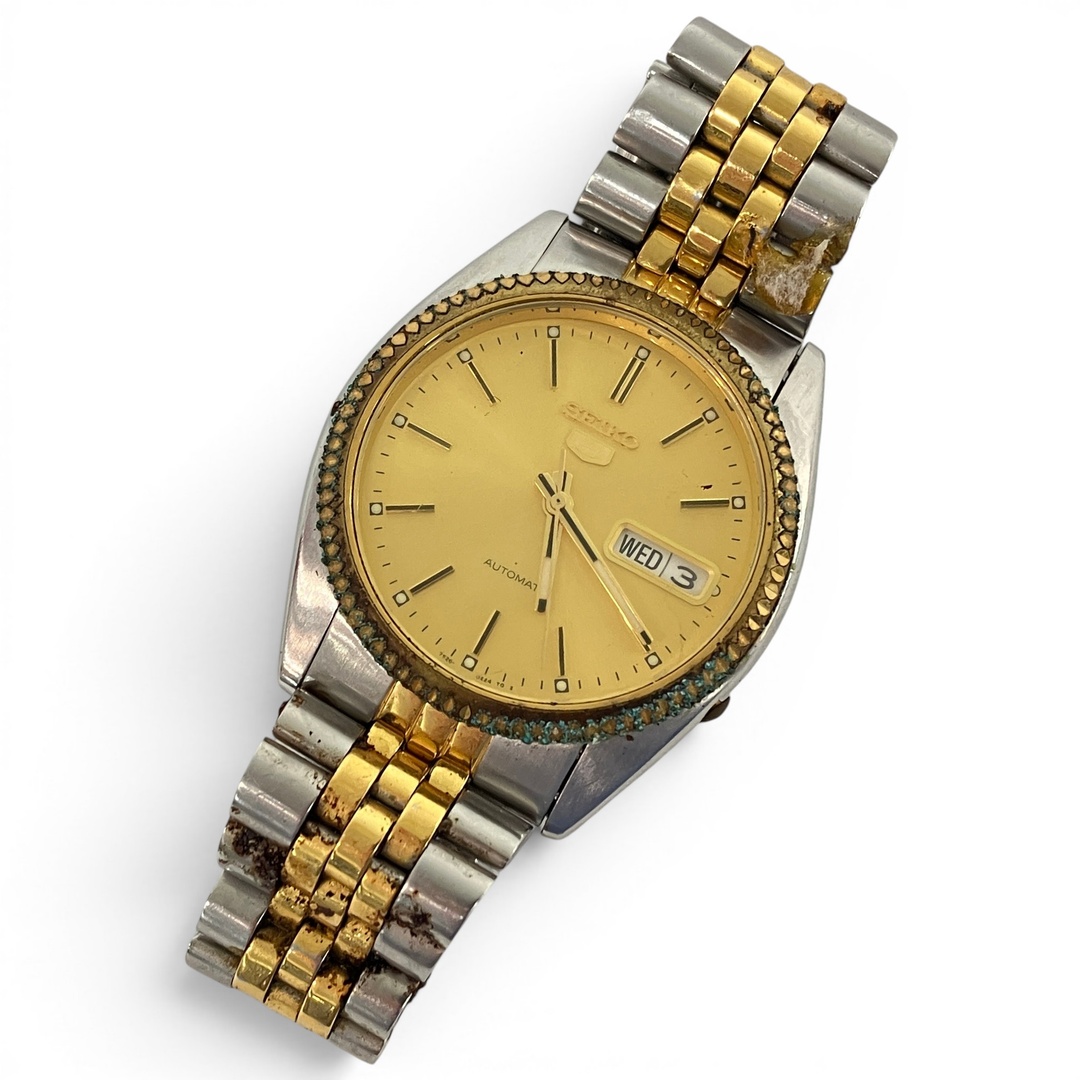 SEIKO 5 セイコー5 7S26-0500 ゴールド文字盤 裏スケルトン 自動巻き デイデイト 中古