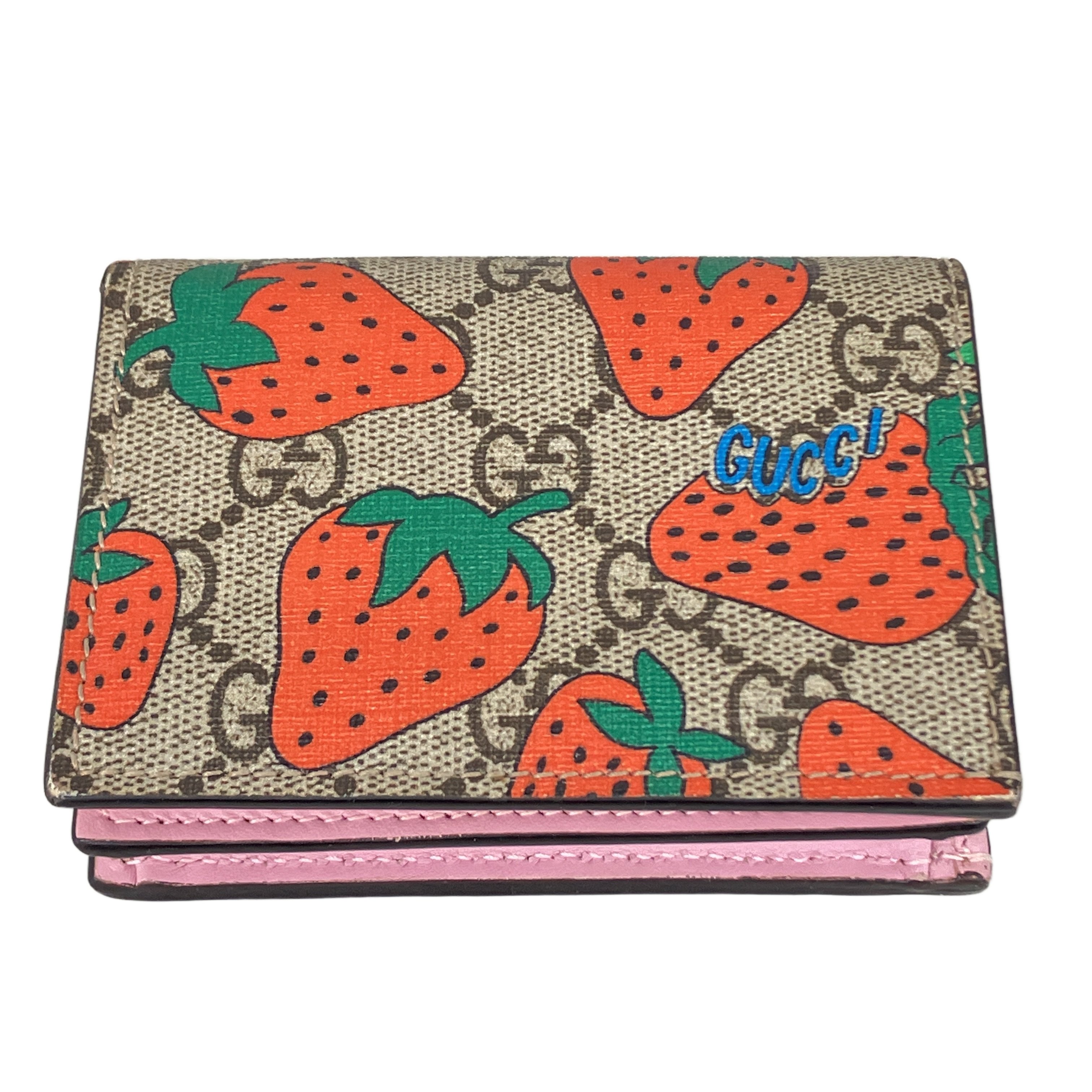 GUCCI 二つ折り財布 GGスプリーム イチゴ いちご ストロベリー ピンク グッチ 中古