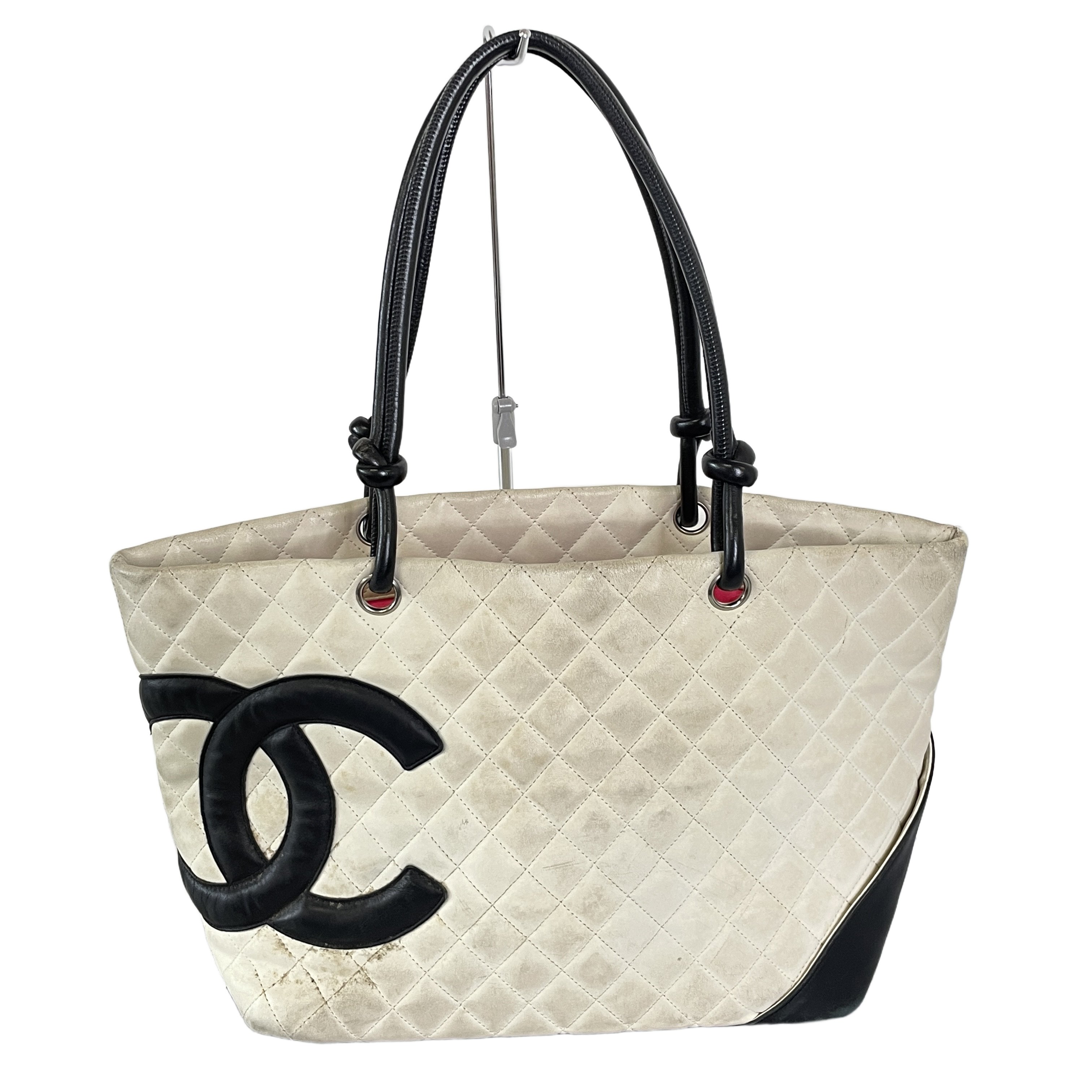 見込み120%掛率 CHANEL ソフトカーフカンボン トートバッグ ホワイト ブラック SV金具 汚れ大あり