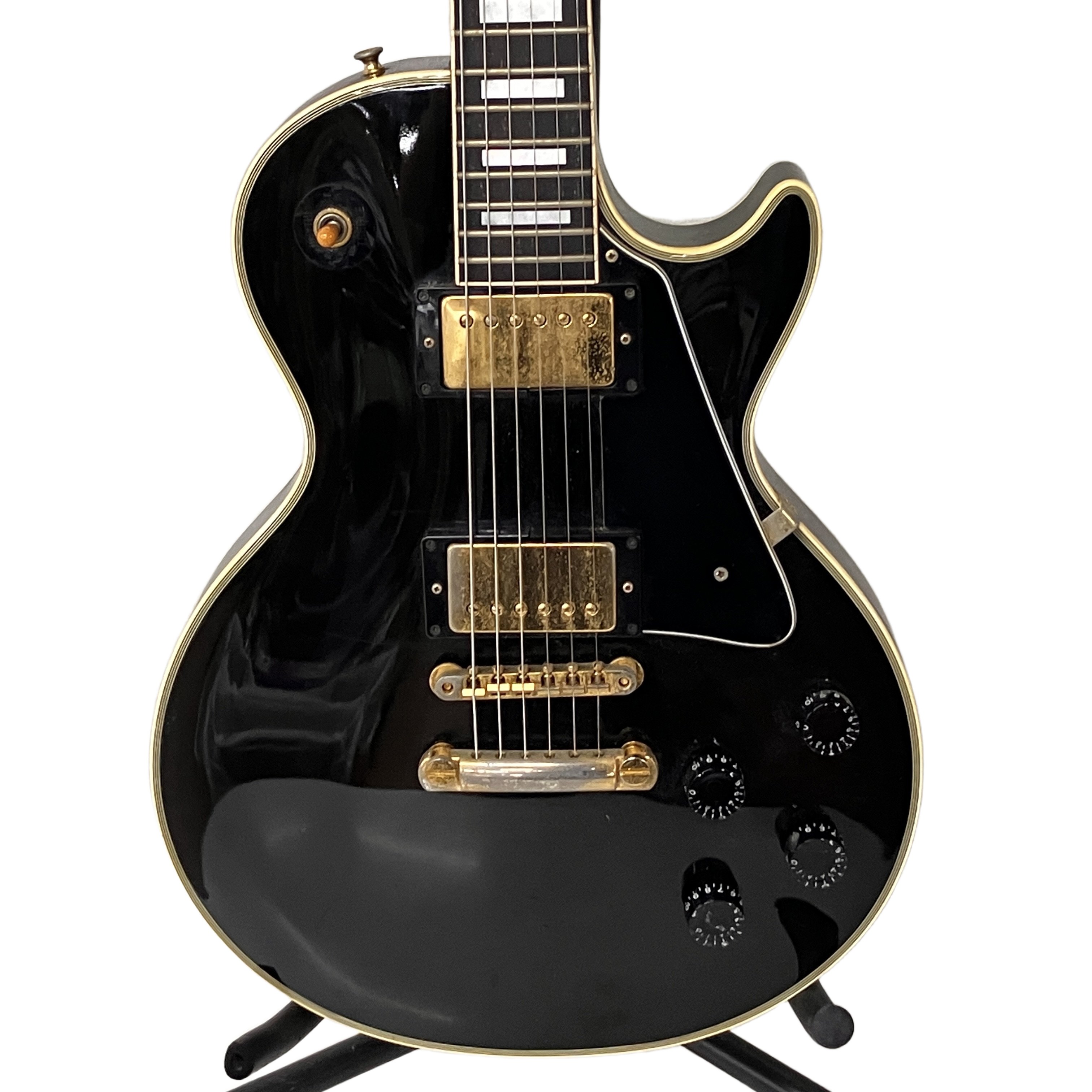 Tokai Les Paul Custom Type(Black):マルチバインディングに映えるゴールドパーツ。ガリ・ノブ固着ありのため破格で愉しむ、至高のジャパンクオリティ・レストアベース。