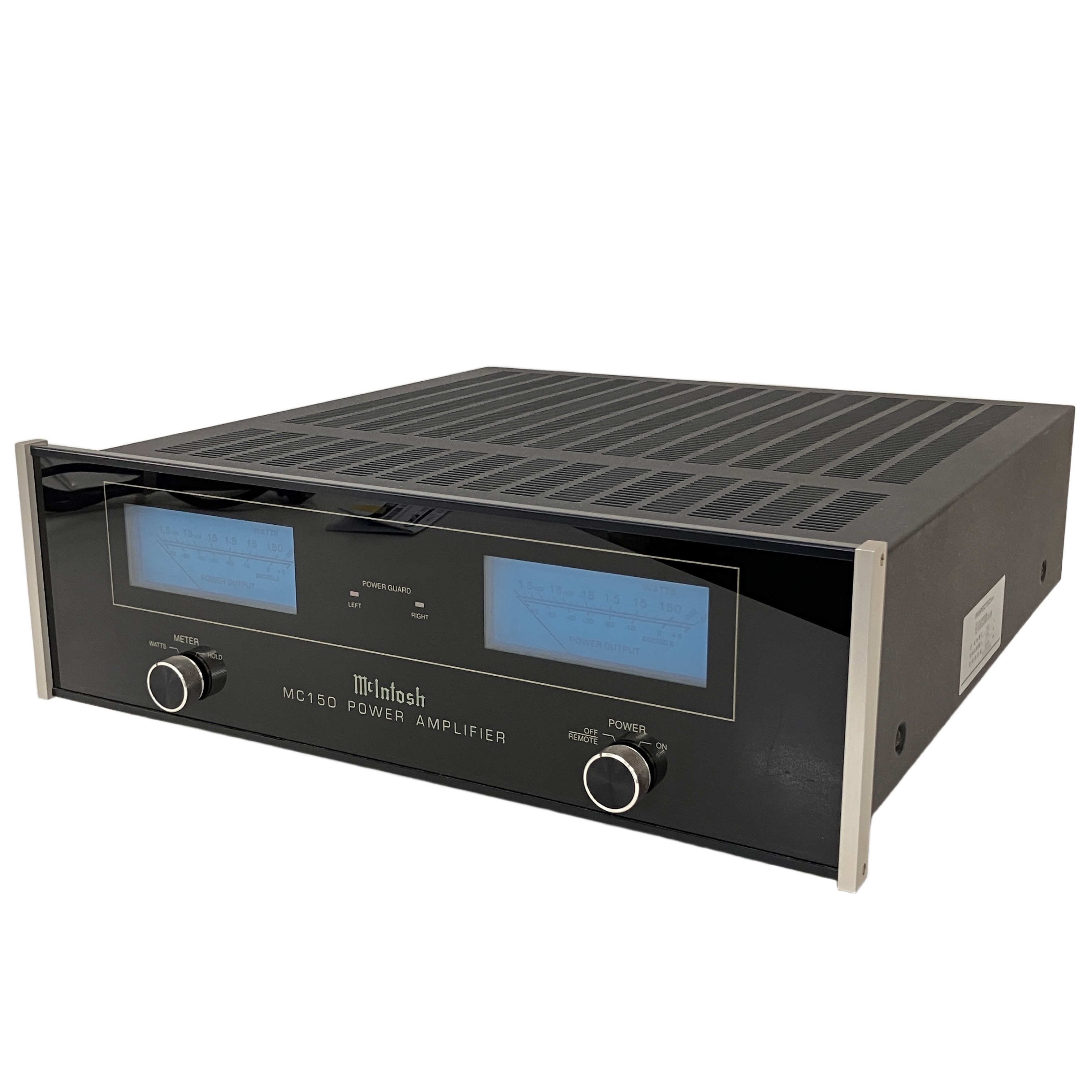 McIntosh MC150 ステレオパワーアンプ(エレクトリ正規輸入品・100V仕様 / シリアル:LM1303 / 出力:150W+150W / 米国・ビンガムトン製):漆黒のガラスパネルに浮かぶブルーアイズ。マッキントッシュ伝統の「オートフォーマー」と「パワーガード」を搭載したハイパワーステレオアンプ。