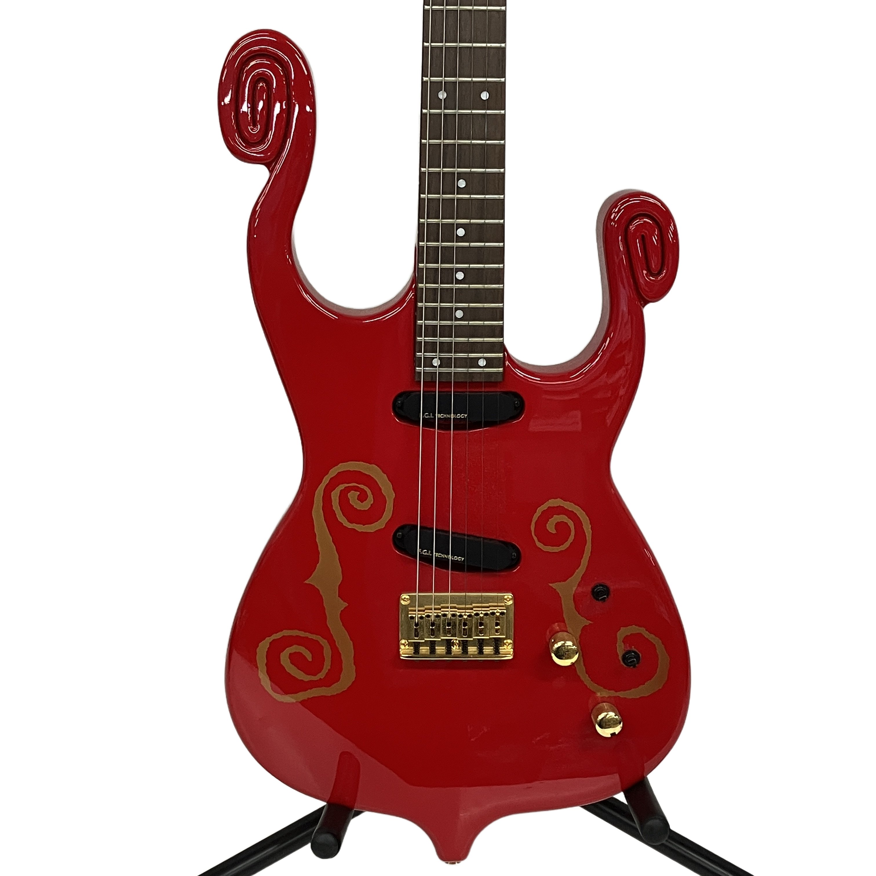 FERNANDES BT-120MM 今井寿モデル(BUCK-TICK / Red / F.G.I. TECHNOLOGY ピックアップ / 当時物保証書類付属 / 現状品・ジャンク):BUCK-TICK 今井寿氏のアイコン「マイマイ」。独創の渦巻きフォルムが強烈なオーラを放つ伝説のシグネチャー。